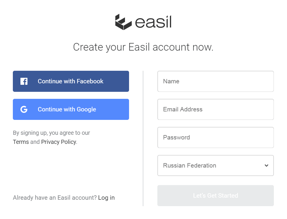 Страница регистрации Easil